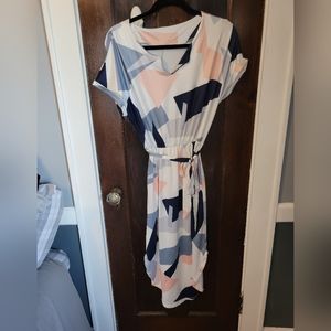 White Blue Pink Geometric Pattern Dress